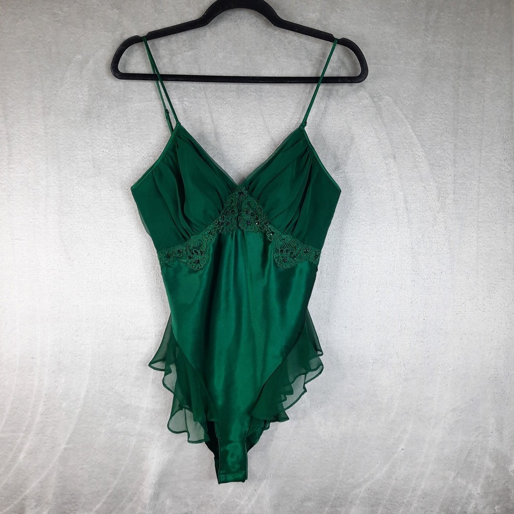 Vintage Victorias Secret Gold Label Green Satin Teddy Bodysuit Womens Medium 90s